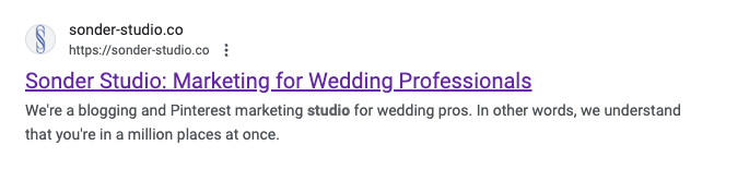 A meta description example for Sonder Studio, a marketing agency for wedding pros