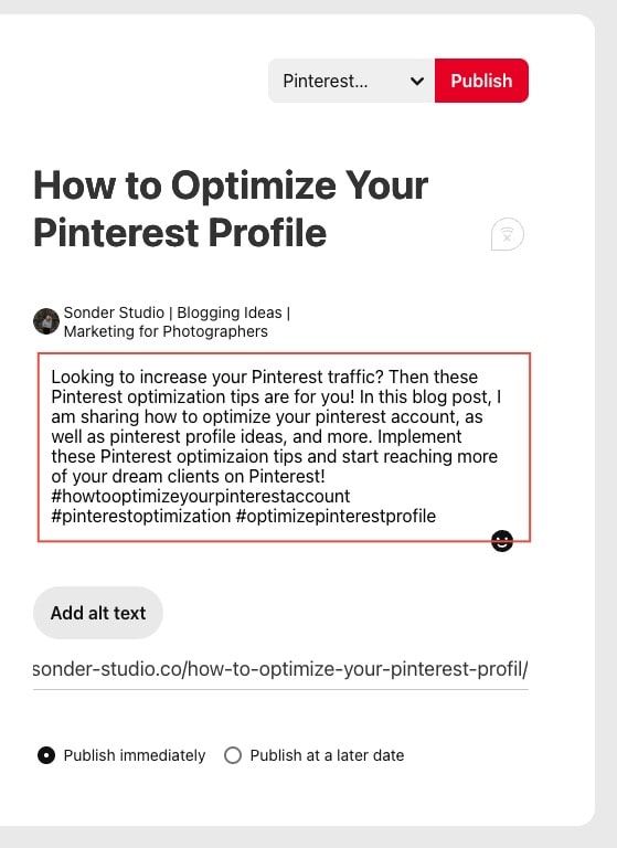 Example of how to optimize your Pinterest pin description.