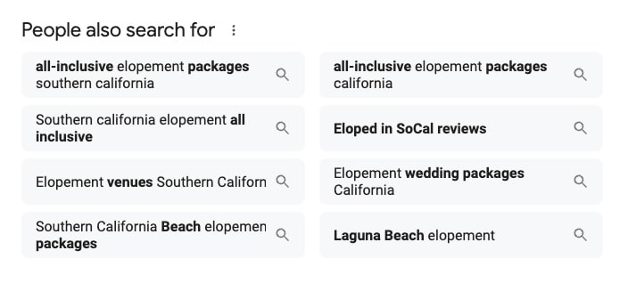 Southern California elopement SEO keyword ideas in the "People also search for" section on Google.