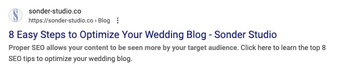 Example of a meta description for Sonder Studio's blog post "SEO for Wedding Photographers". 